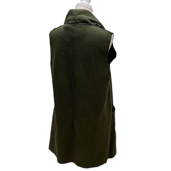 Le Moda Open Front Fleece Vest Cardigan Long Line Olive Green Pockets Lagenlook - Picture 2 of 9